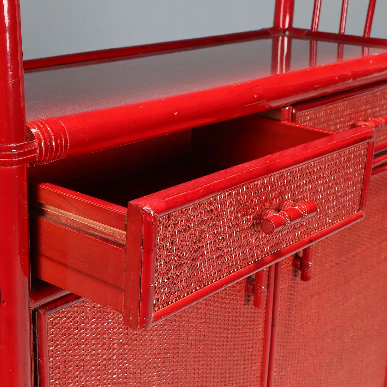 Red bamboo bookcase, 1980s 4