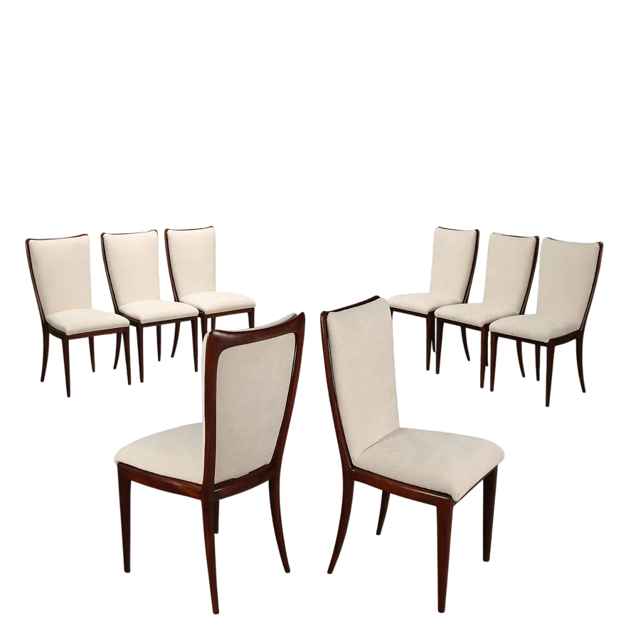 8 Sedie da pranzo in legno di faggio tinto e tessuto, '900 10