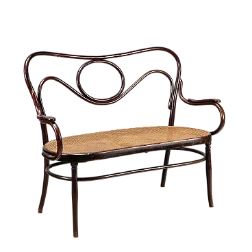 Divano due posti in faggio curvato tinto noce, stile Thonet, fine '800