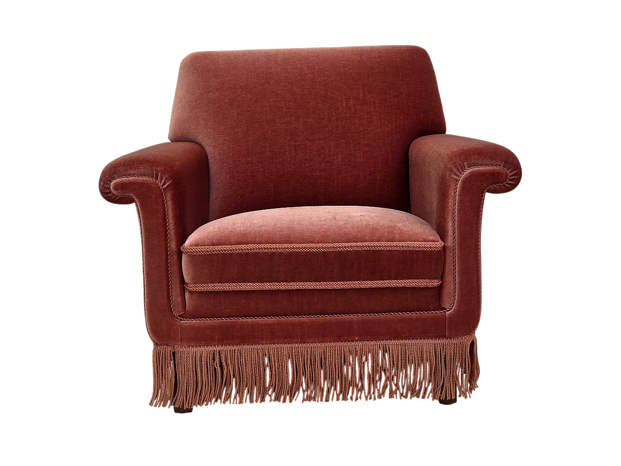 Danish armchair, salmon pink furniture velour, beech wood, 1970s 19
