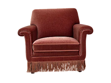 Danish armchair, salmon pink furniture velour, beech wood, 1970s