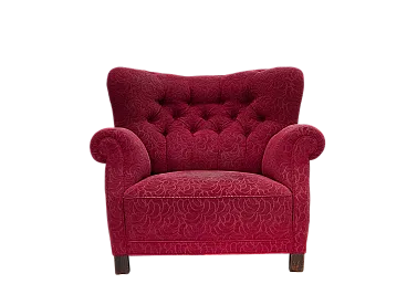 Danish relax armchair, red fabric, ash wood legs, 1950s