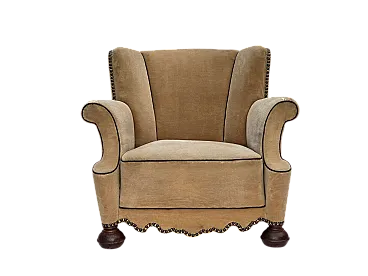 Danish relax chair velour with patina, oak wood, 1950s