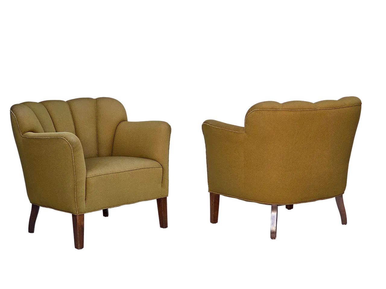 Pair of Danish armchairs, green wool, ash wood legs, 1960s 18