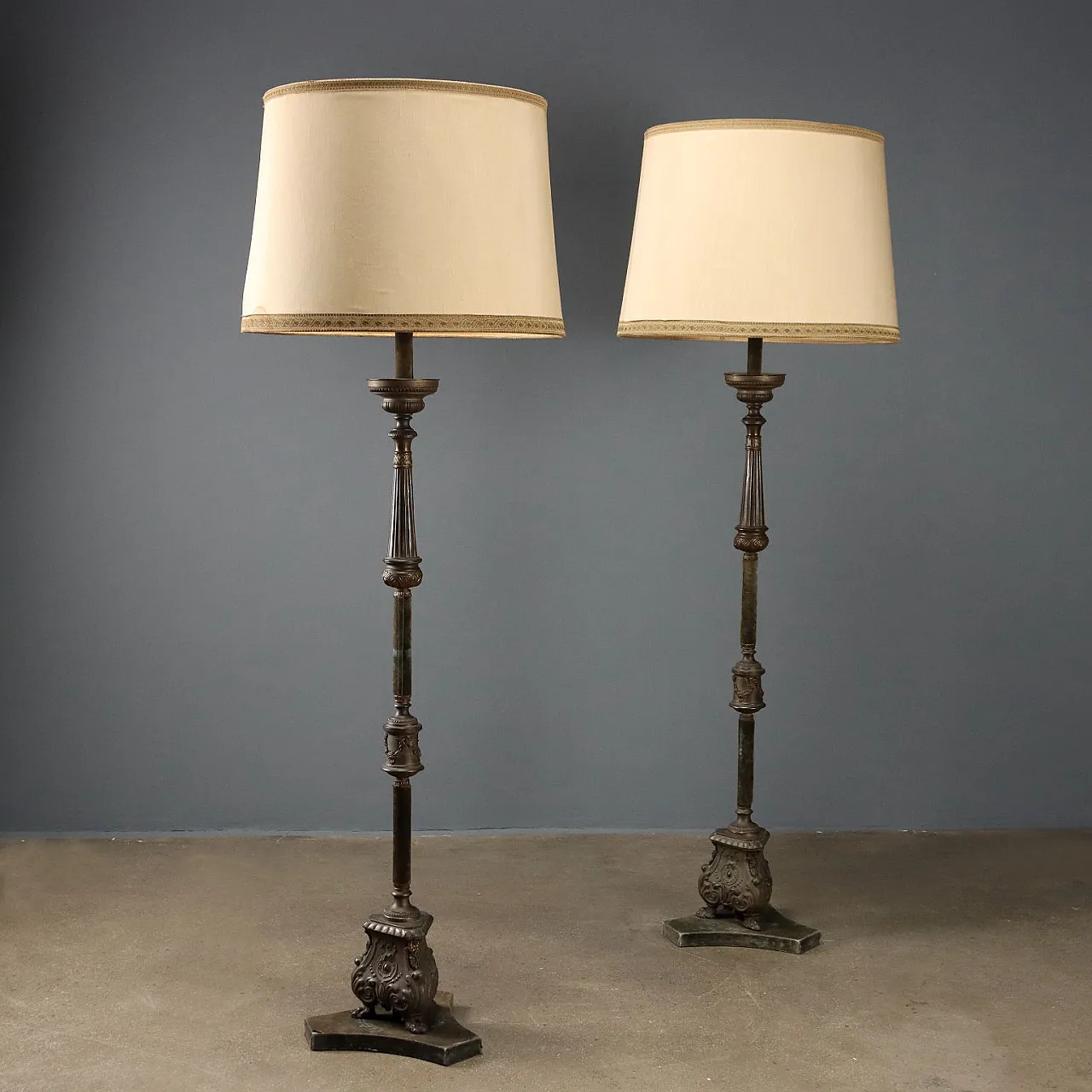 Pair of candelabra floor lamps Wood Metal Fabric, 19th century 1
