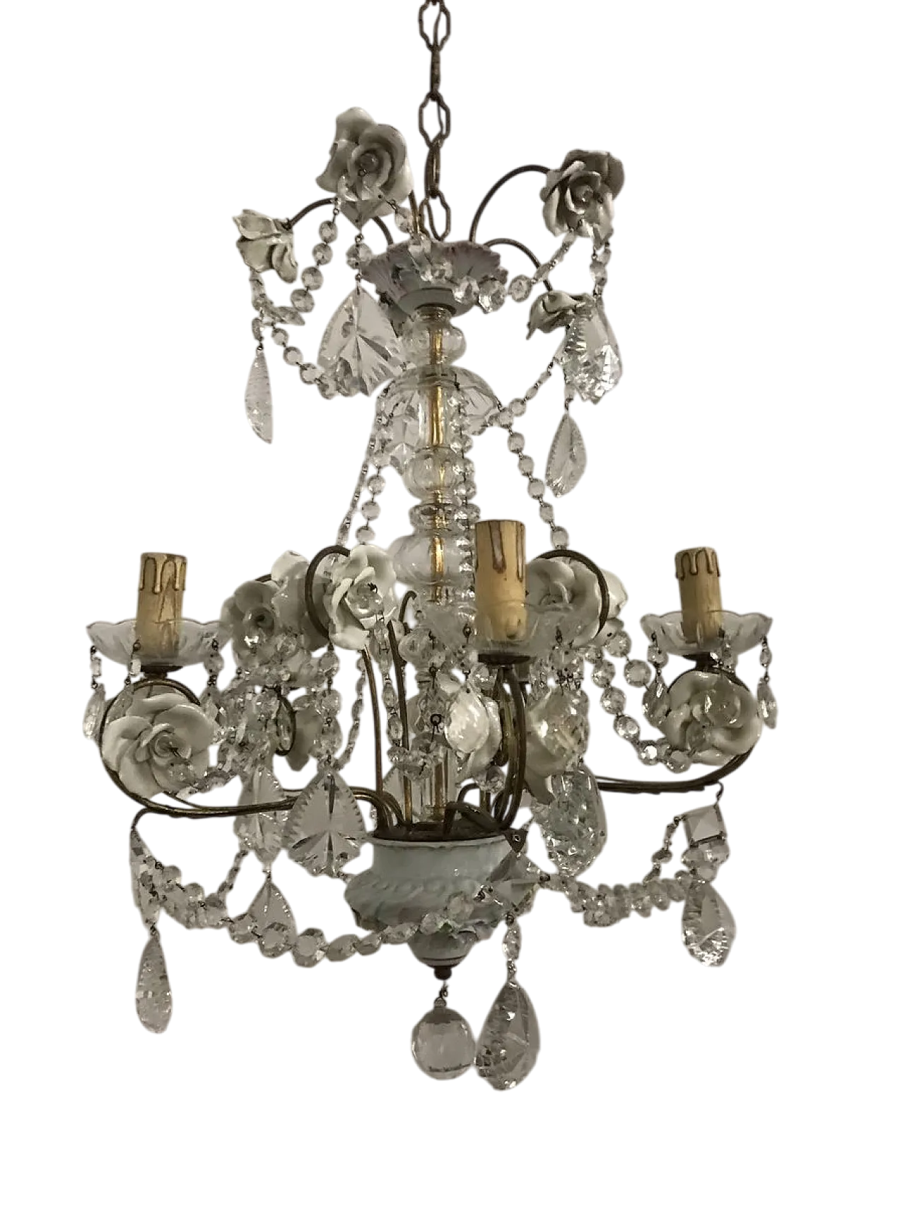 Lampadario vintage in porcellana e cristallo, anni '30 15