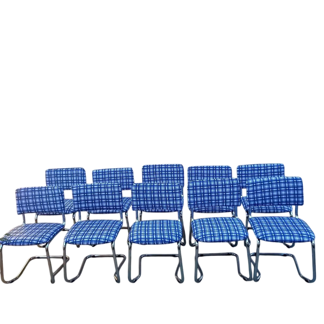 10 Sedie cantilever in metallo cromato e tessuto a scacchi, anni '70 5