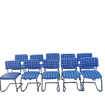 10 Sedie cantilever in metallo cromato e tessuto a scacchi, anni '70
