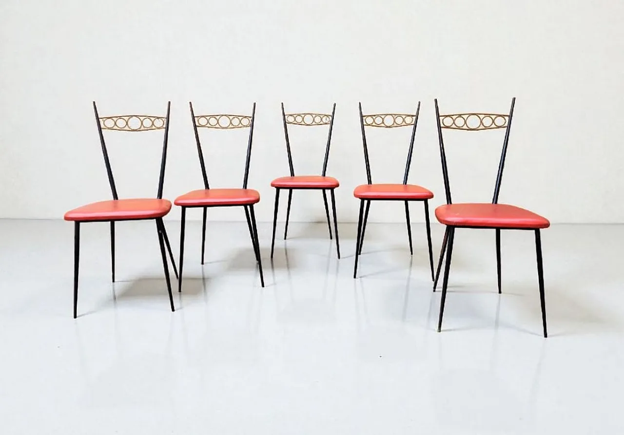 5 iron chairs with brass backrests, mid-20th century 1