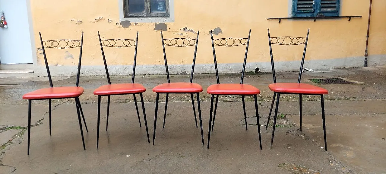 5 iron chairs with brass backrests, mid-20th century 2