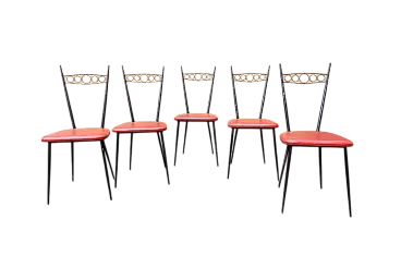 5 iron chairs with brass backrests, mid-20th century