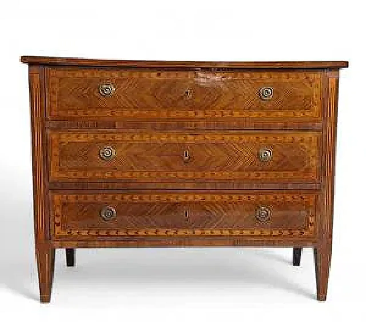 Chest of drawers with three laminated drawers, 18th century 1