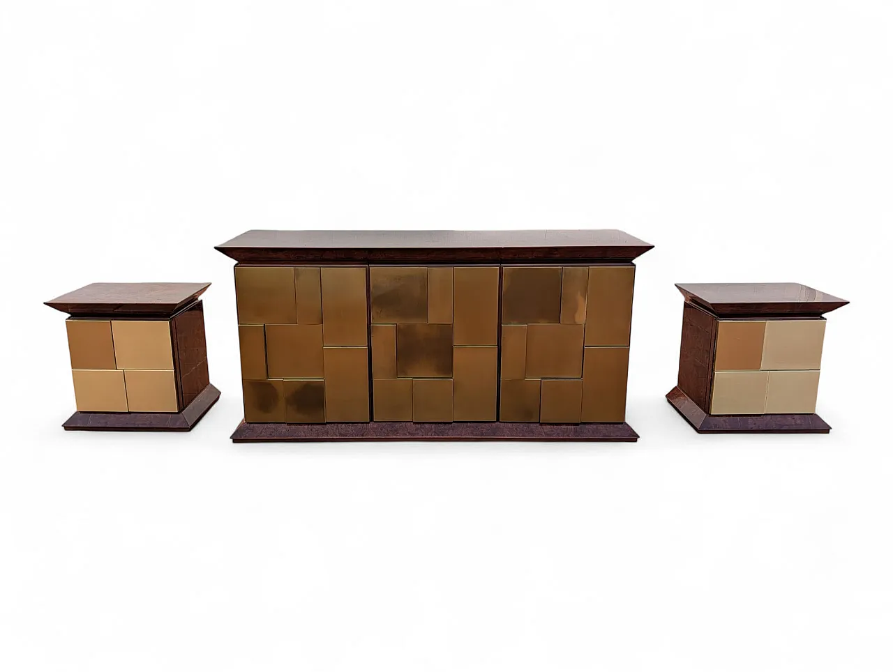 Comò e comodini in radica e ottone, Italia anni '70 1