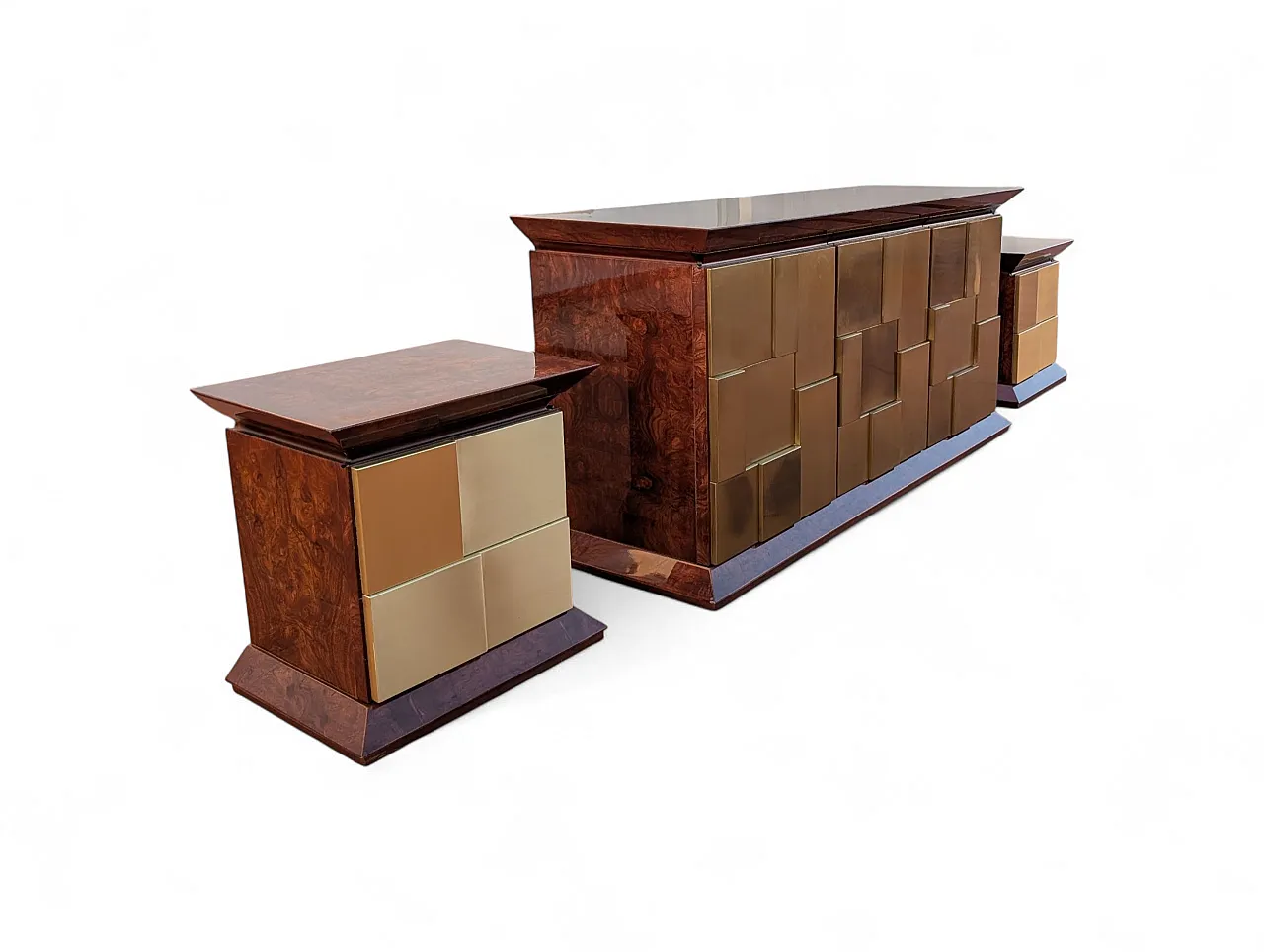 Comò e comodini in radica e ottone, Italia anni '70 3