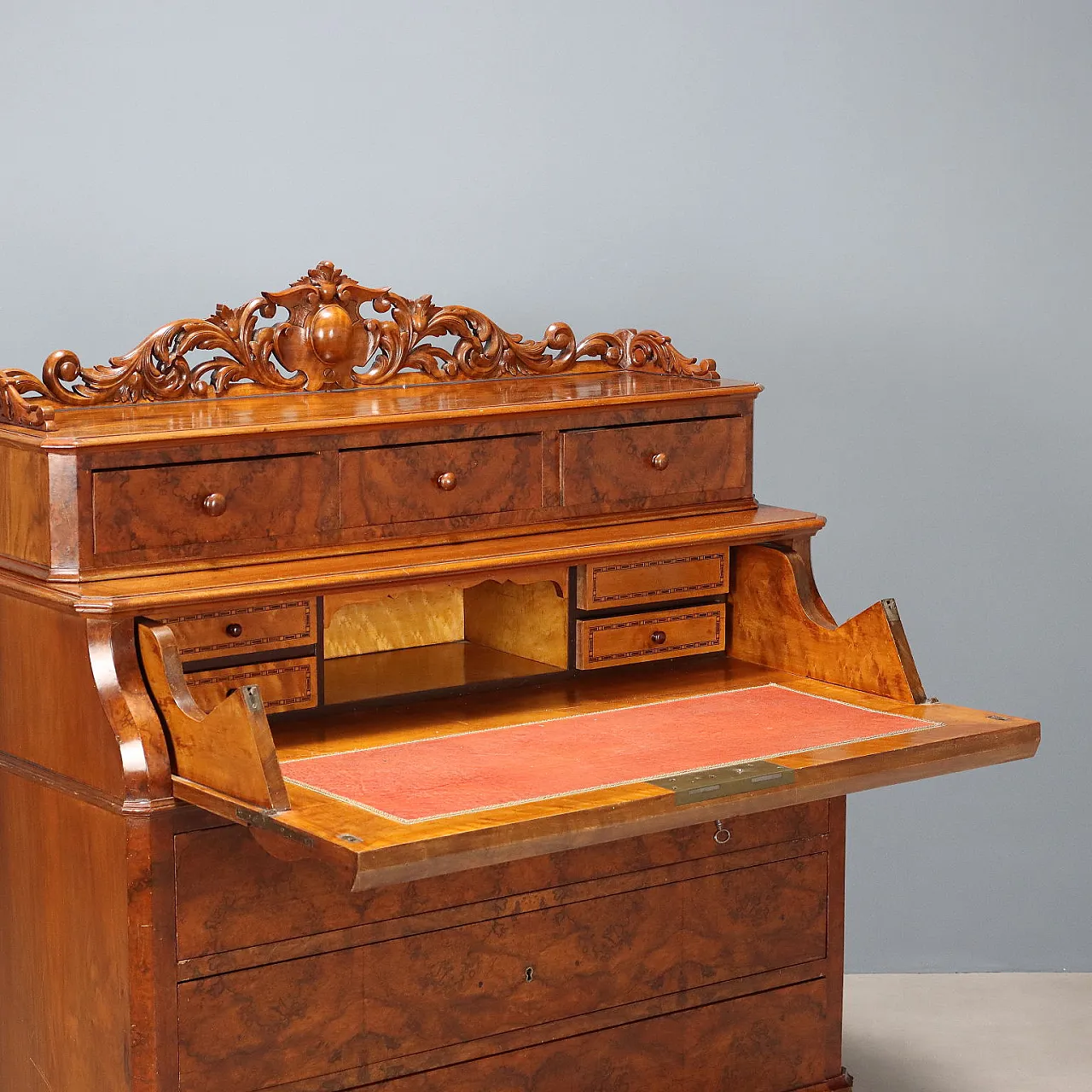 Scrivania Biedermeier in mogano e radica, metà '800 3