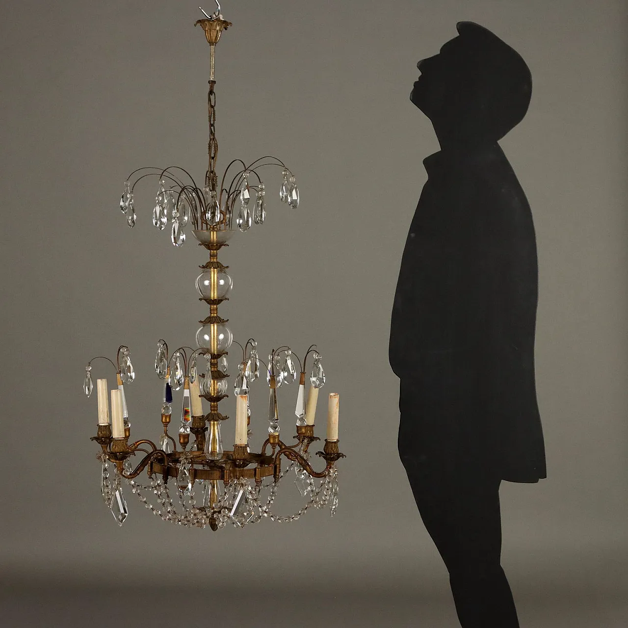 Lampadario in metallo brunito a 6 rami in vetro, '900 2