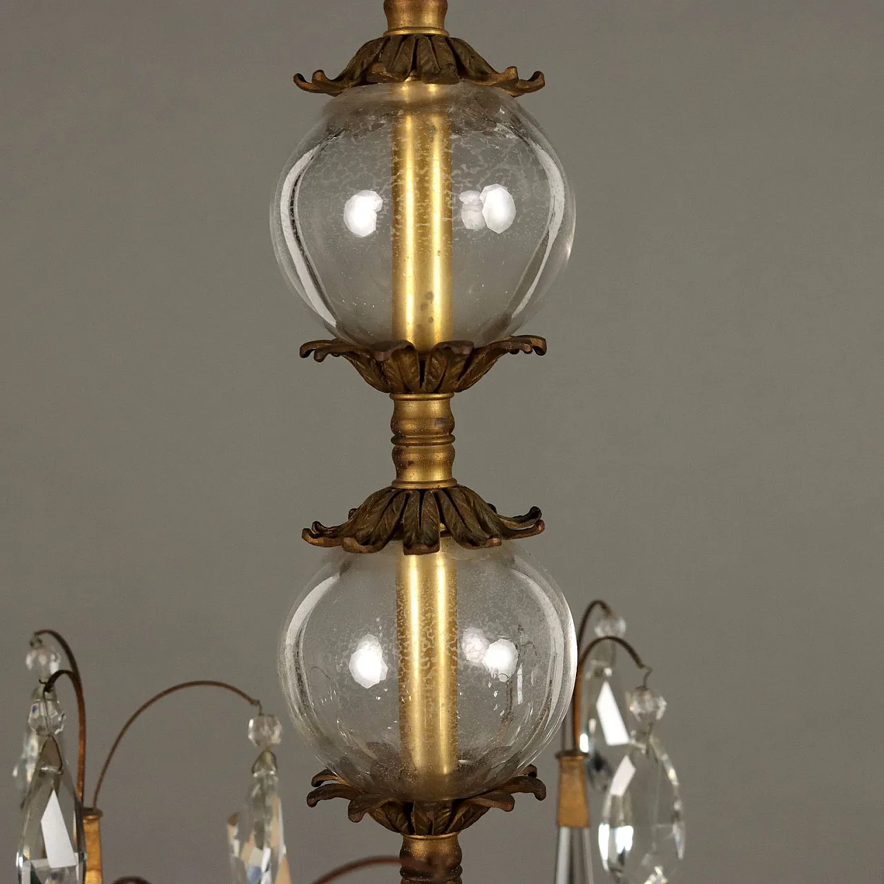 Lampadario in metallo brunito a 6 rami in vetro, '900 4