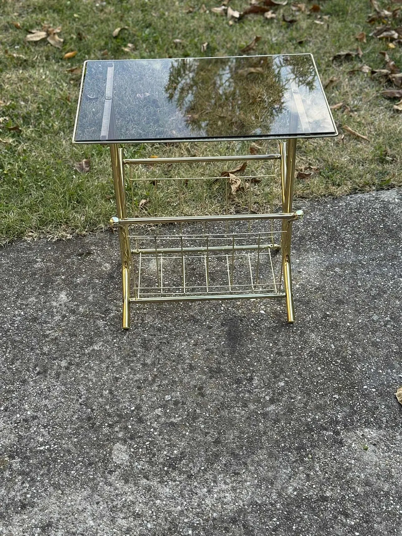 Brass and smoked glass side table with magazine holder, 1970s 1