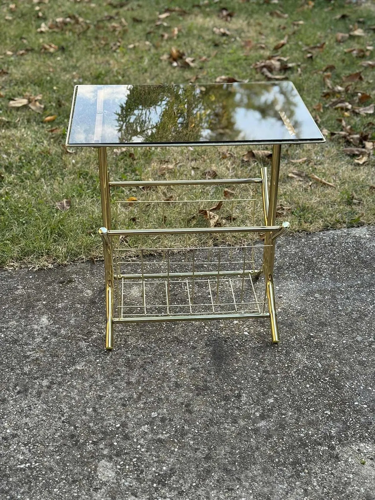 Brass and smoked glass side table with magazine holder, 1970s 3