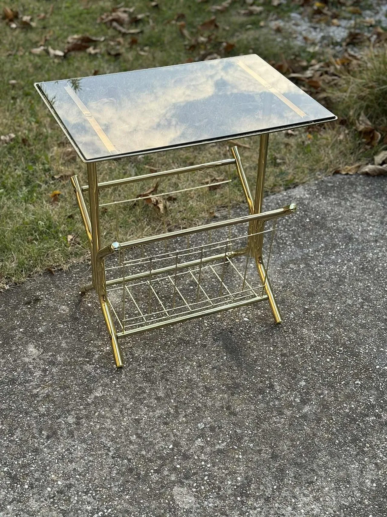 Brass and smoked glass side table with magazine holder, 1970s 4