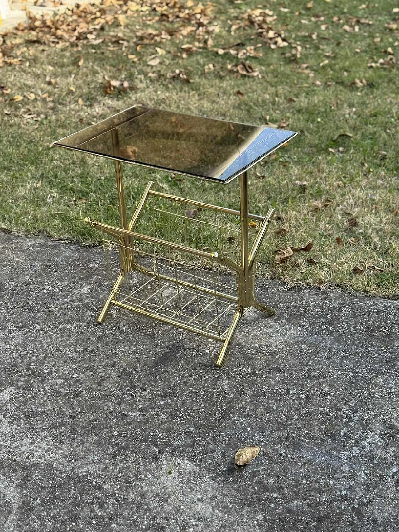 Brass and smoked glass side table with magazine holder, 1970s 5