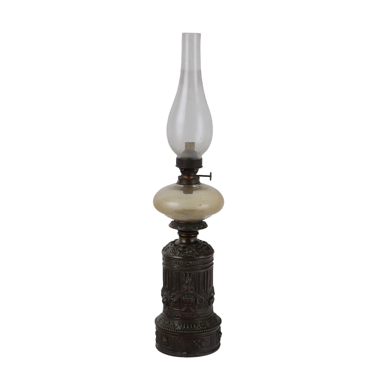 Embossed bronze sheet oil lamp with relief decoration by R. Ditmar Wien, late 19th century 1