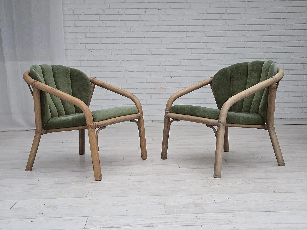 Pair of Scandinavian lounge chairs velour, rattan, 1970s 1