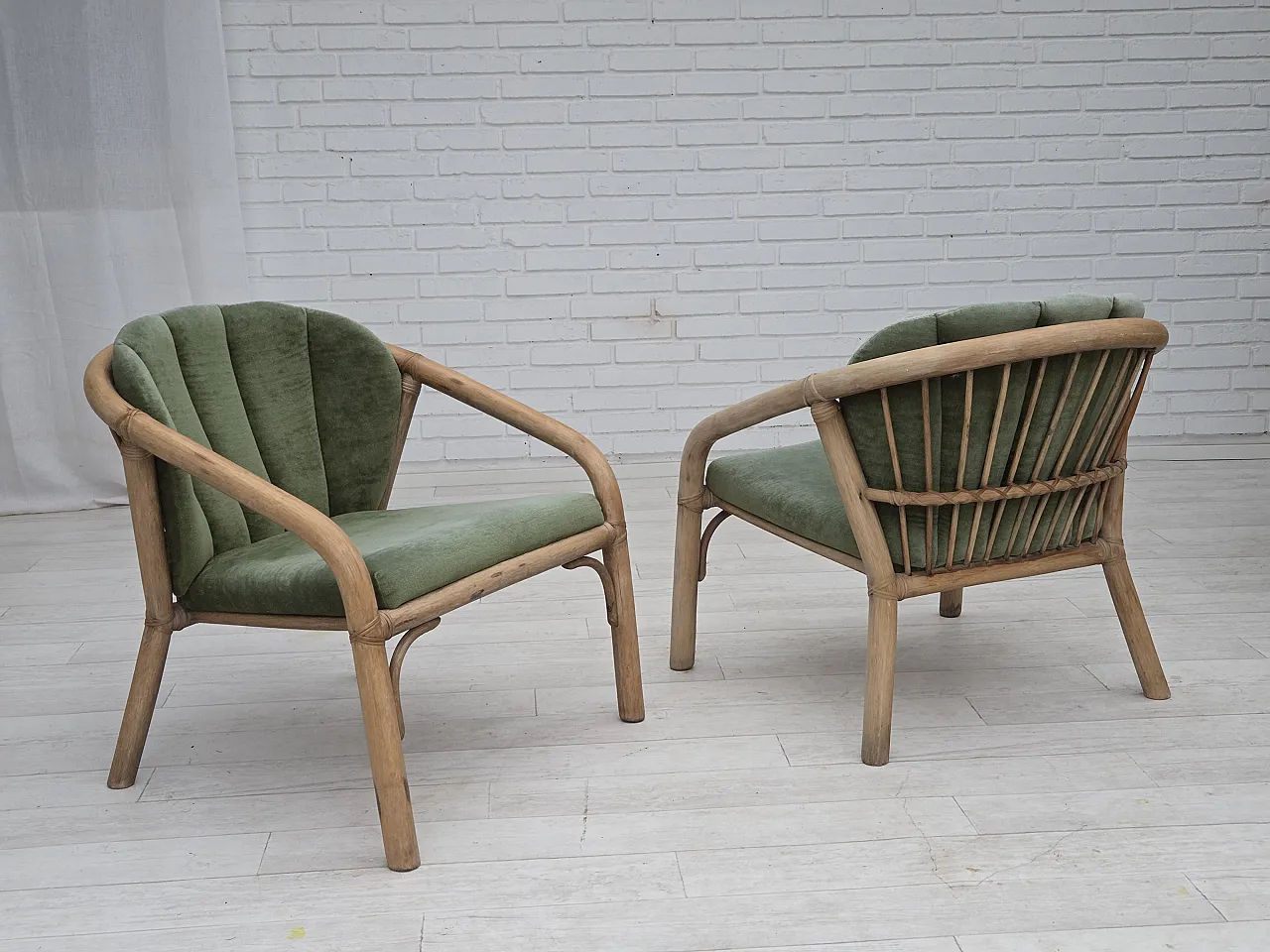 Pair of Scandinavian lounge chairs velour, rattan, 1970s 2