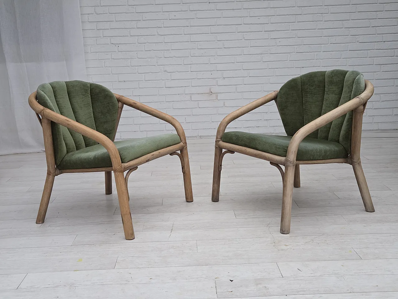 Pair of Scandinavian lounge chairs velour, rattan, 1970s 3