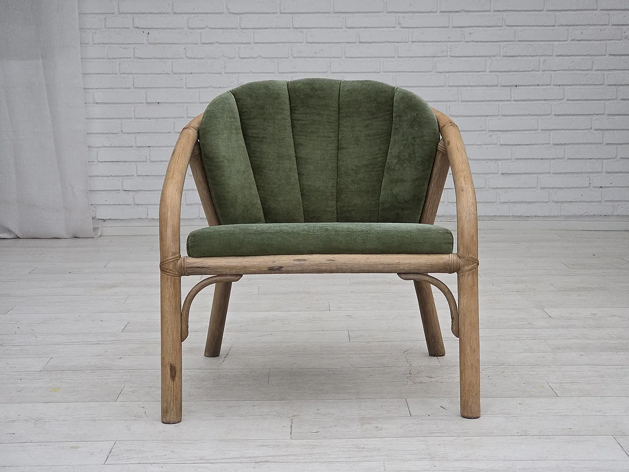 Pair of Scandinavian lounge chairs velour, rattan, 1970s 7