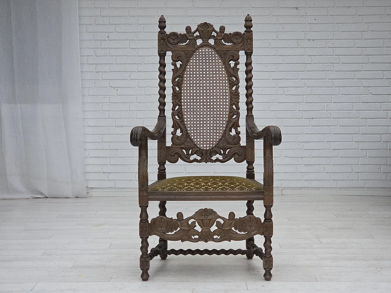Danish highback armchair velour, carved oak, anni '30 1