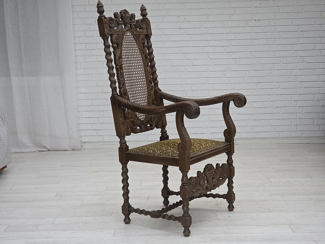 Danish highback armchair velour, carved oak, anni '30 2