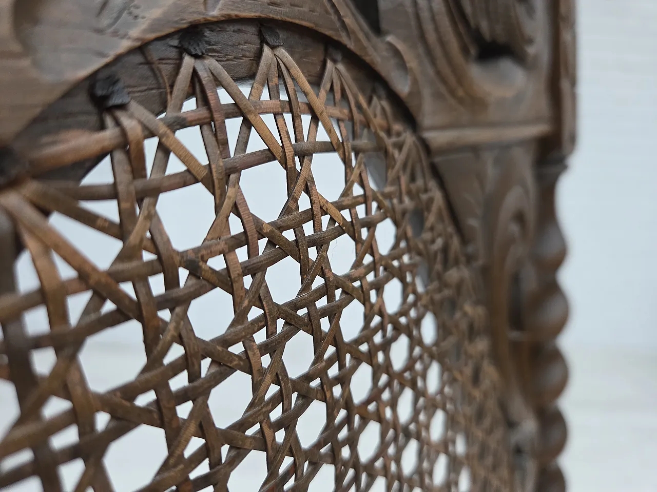 Danish highback armchair velour, carved oak, anni '30 4