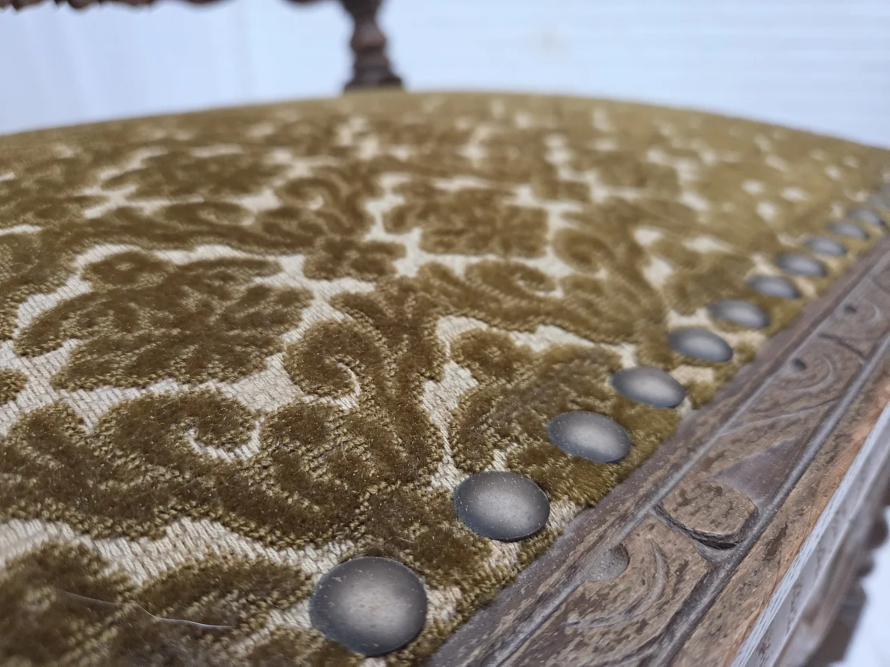 Danish highback armchair velour, carved oak, anni '30 5