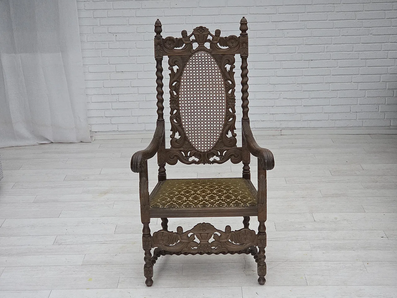 Danish highback armchair velour, carved oak, anni '30 11