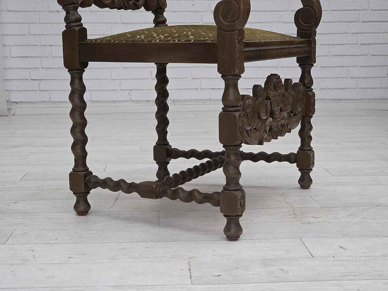 Danish highback armchair velour, carved oak, anni '30 13