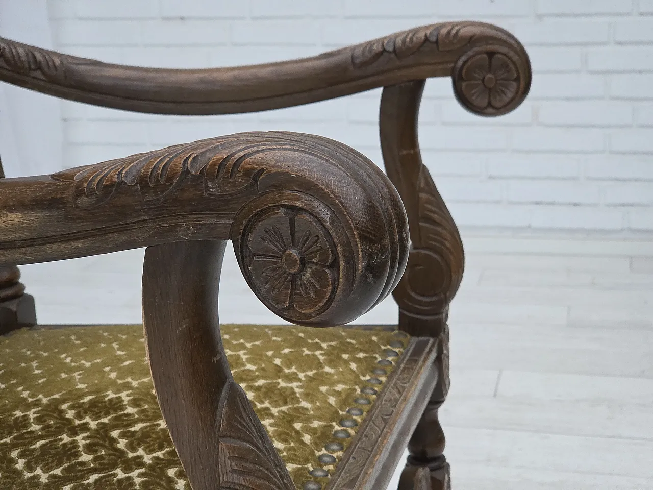 Danish highback armchair velour, carved oak, anni '30 15