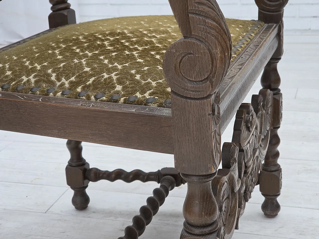 Danish highback armchair velour, carved oak, anni '30 16