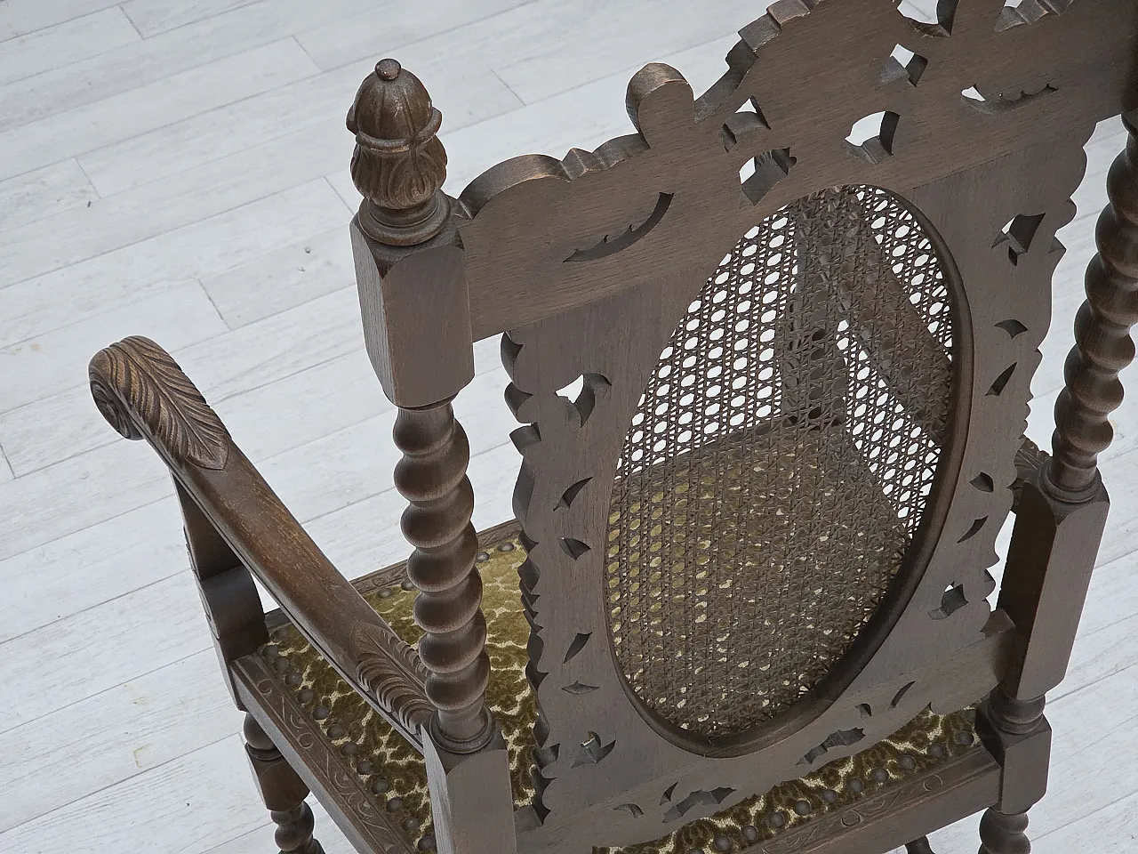 Danish highback armchair velour, carved oak, anni '30 19