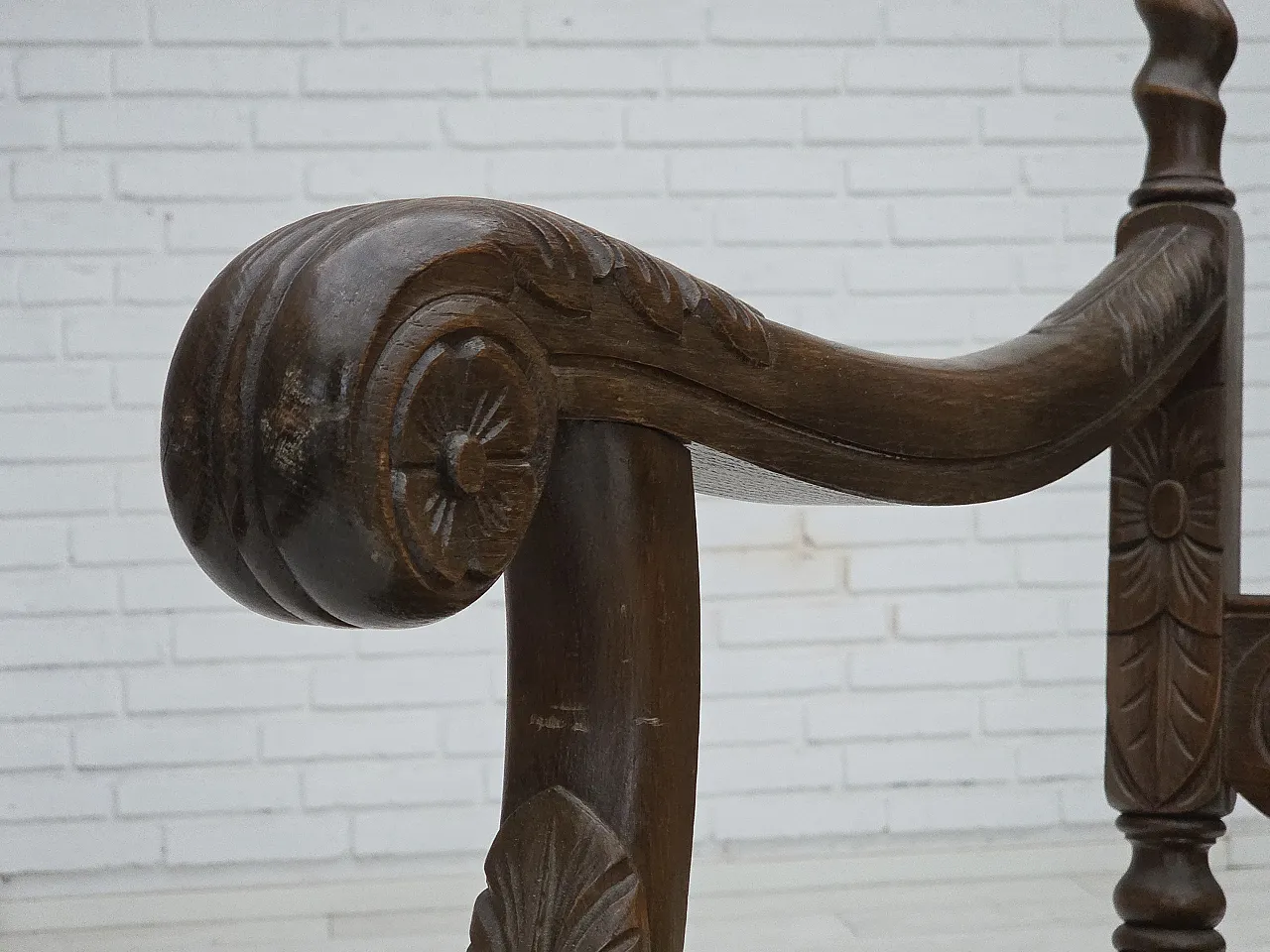 Danish highback armchair velour, carved oak, anni '30 21