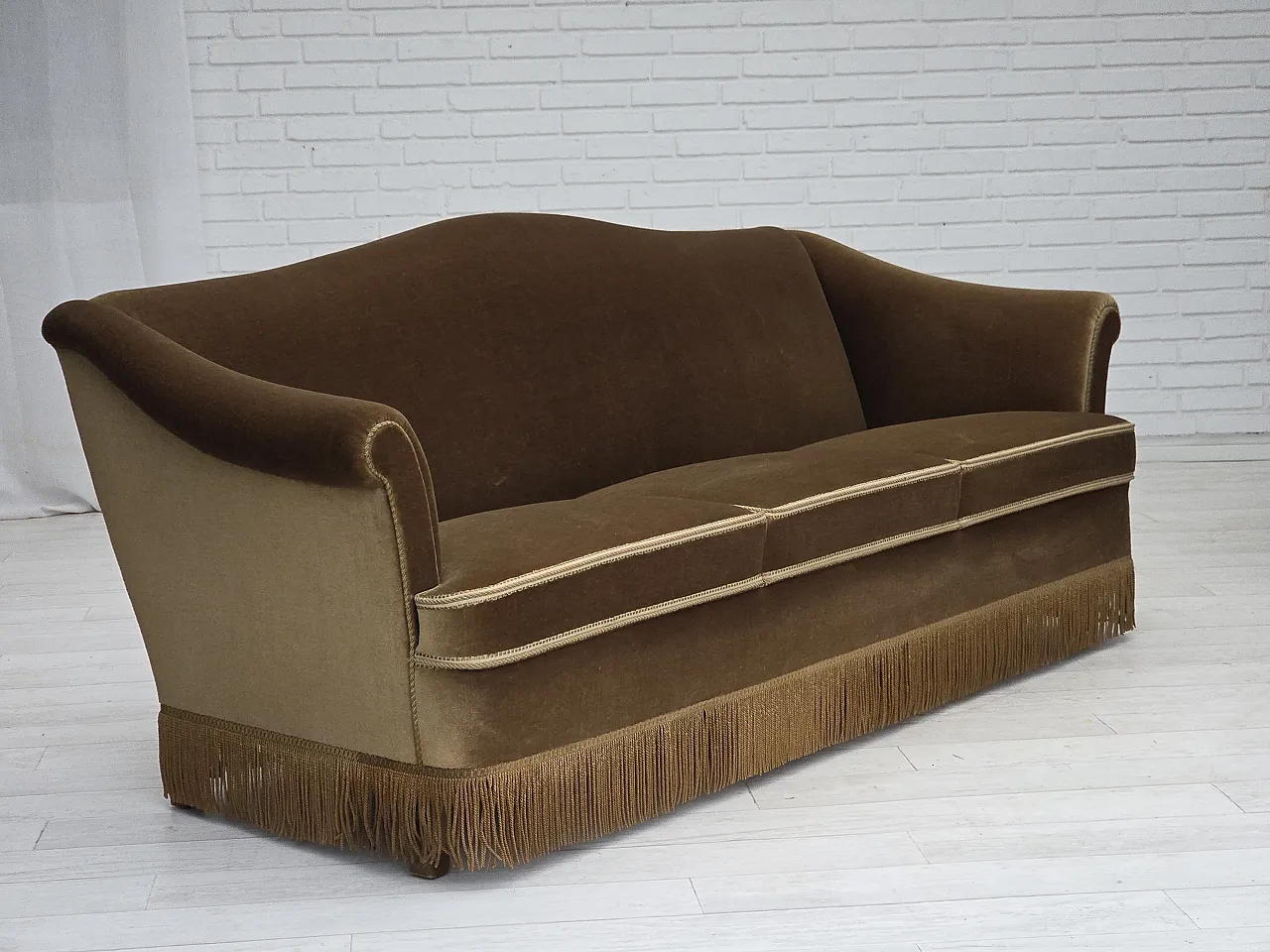 Danish 3-seater sofa, olive green velour, beech wood, 1960s 3