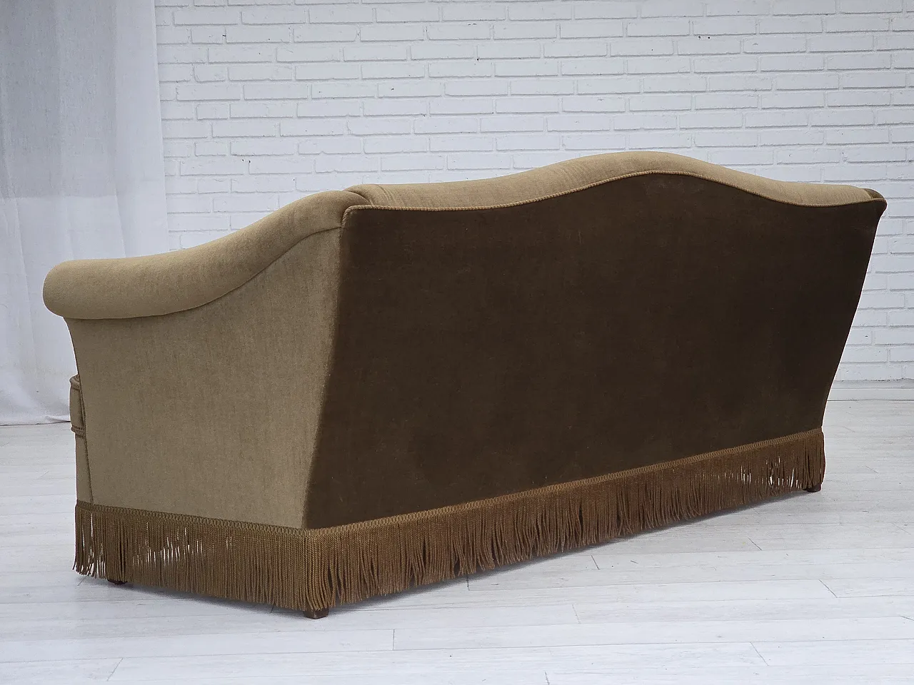 Danish 3-seater sofa, olive green velour, beech wood, 1960s 10