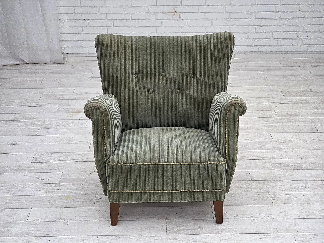 Poltrona danese, velluto verde, quercia, anni '60 2