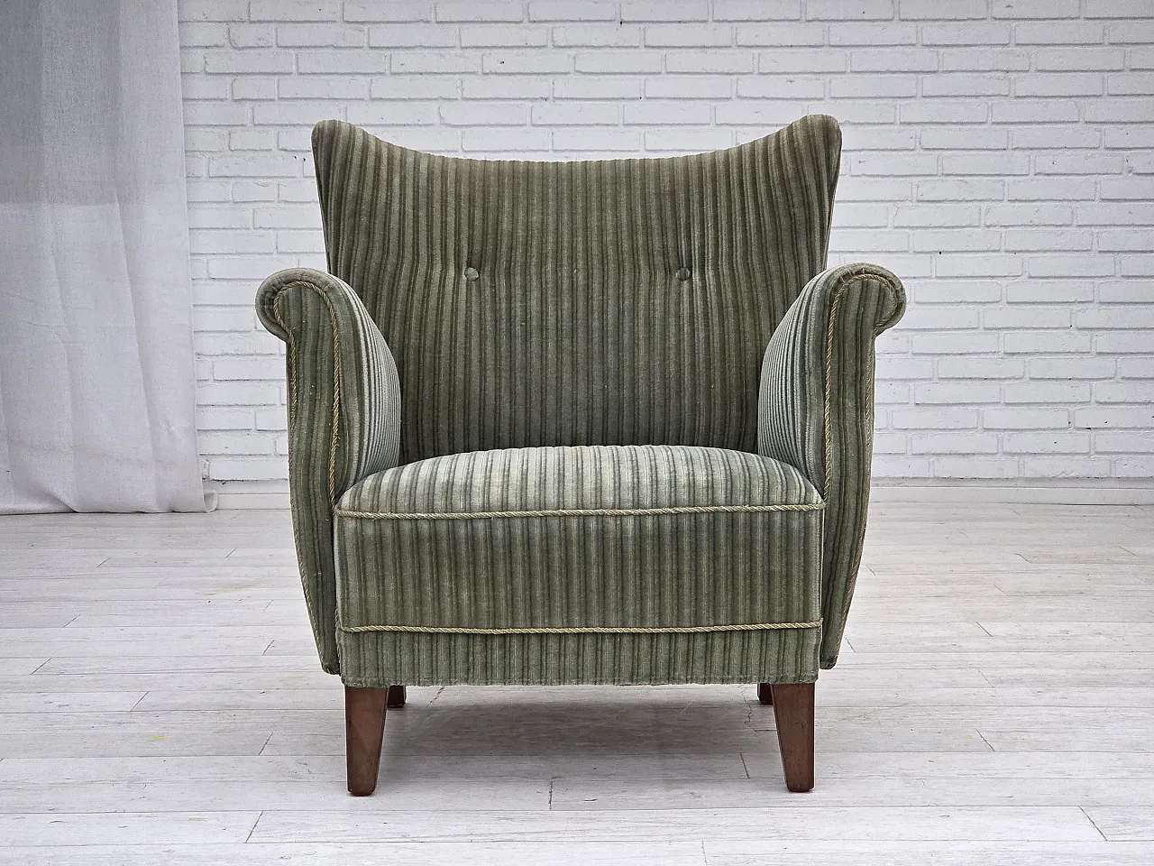 Danish armchair, green velour, oak wood legs, 1960s 1