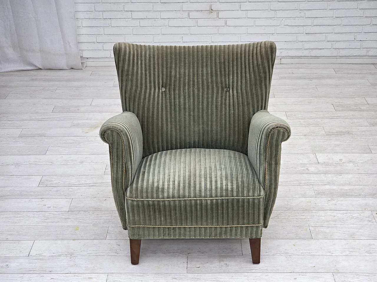 Danish armchair, green velour, oak wood legs, 1960s 2