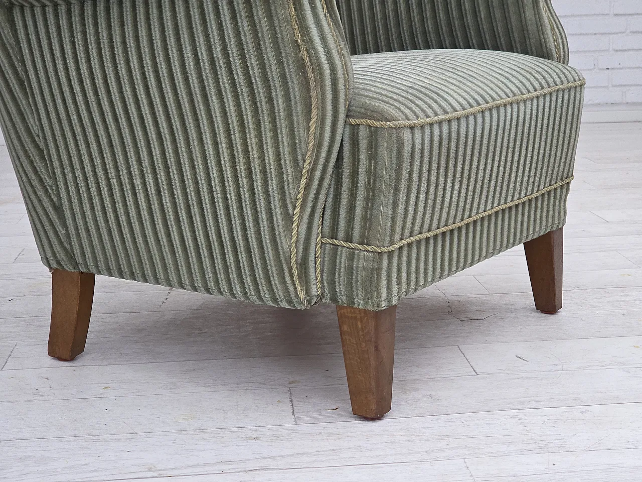 Danish armchair, green velour, oak wood legs, 1960s 5