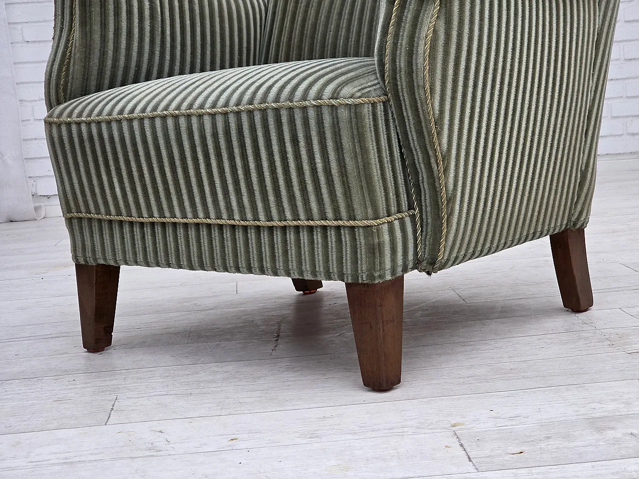 Danish armchair, green velour, oak wood legs, 1960s 7