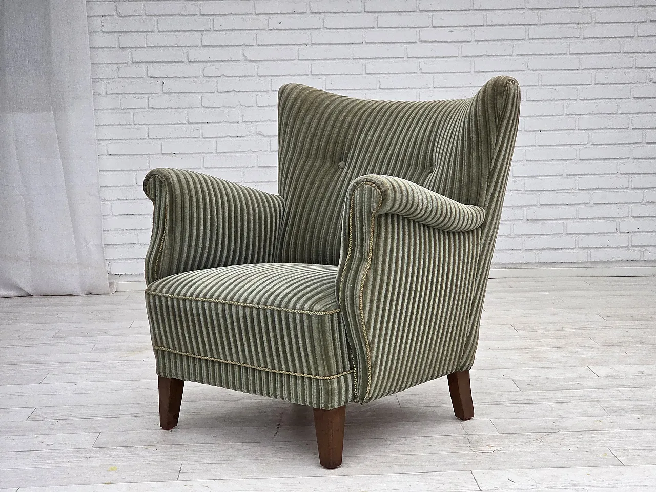 Danish armchair, green velour, oak wood legs, 1960s 9
