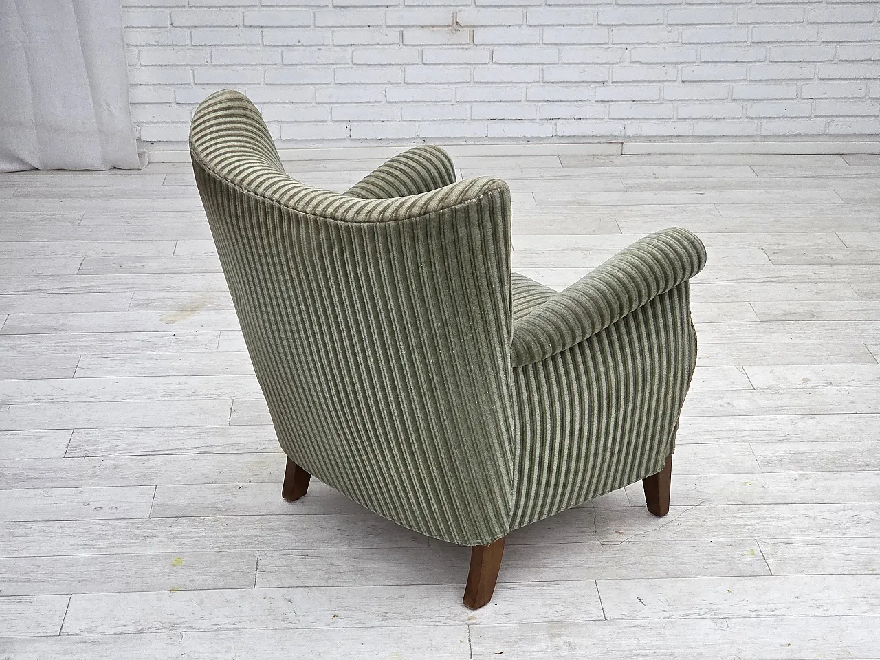 Danish armchair, green velour, oak wood legs, 1960s 10