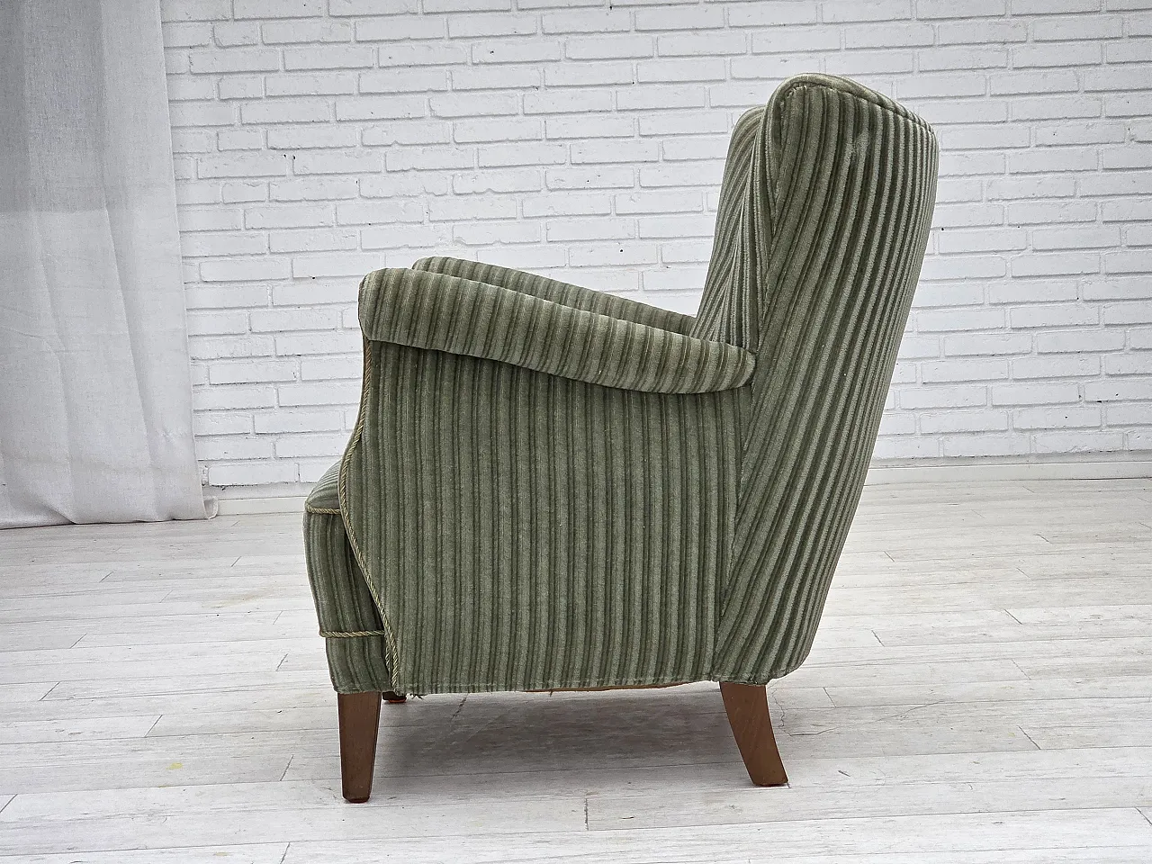 Danish armchair, green velour, oak wood legs, 1960s 14